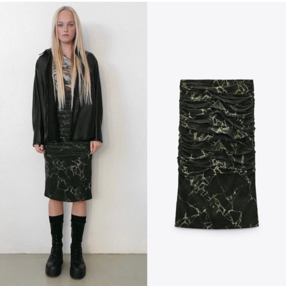 ZARA Chiffon Printed Draped Tulle Ruched Skirt Green Size Medium